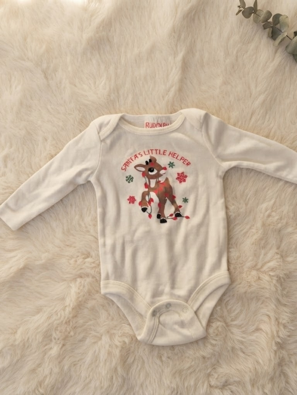 Rudolph Santa's Little Helper Long Sleeve Baby Bodysuit Cream Size 3-6 M
